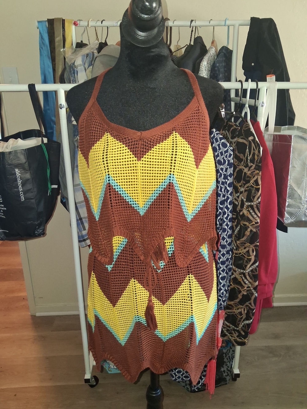 Brown Crochet Tank Romper with Yellow Chevron Accent